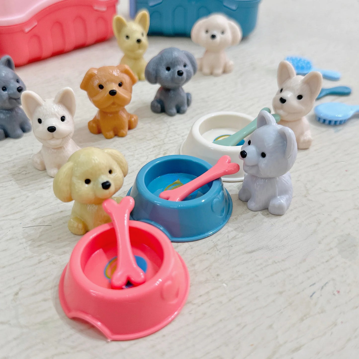 8pcs/set Cute Dog Pet Basket Family Toys Dog Doll Set Dog Cage Toys Scene Playing Toys Christmas Decoration Gifts