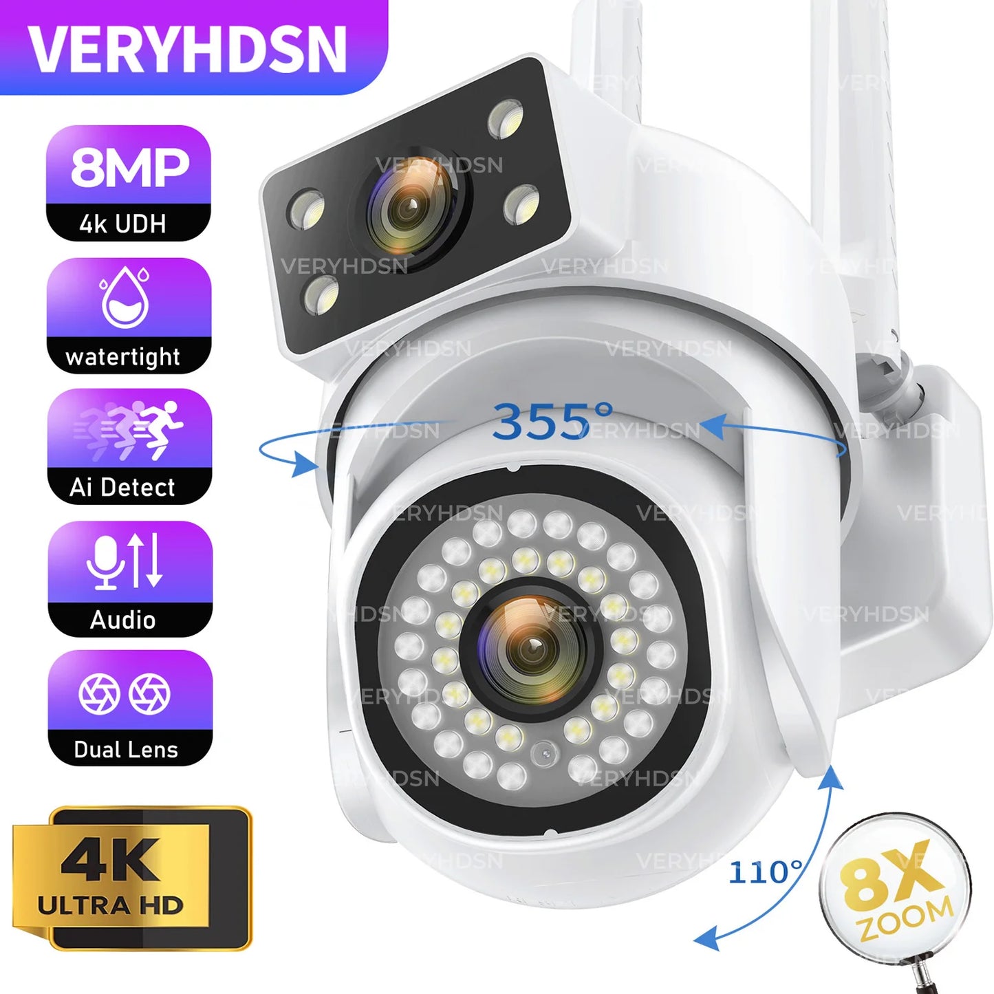VERYHDSN Dual Lens 8MP WiFi Security Camera