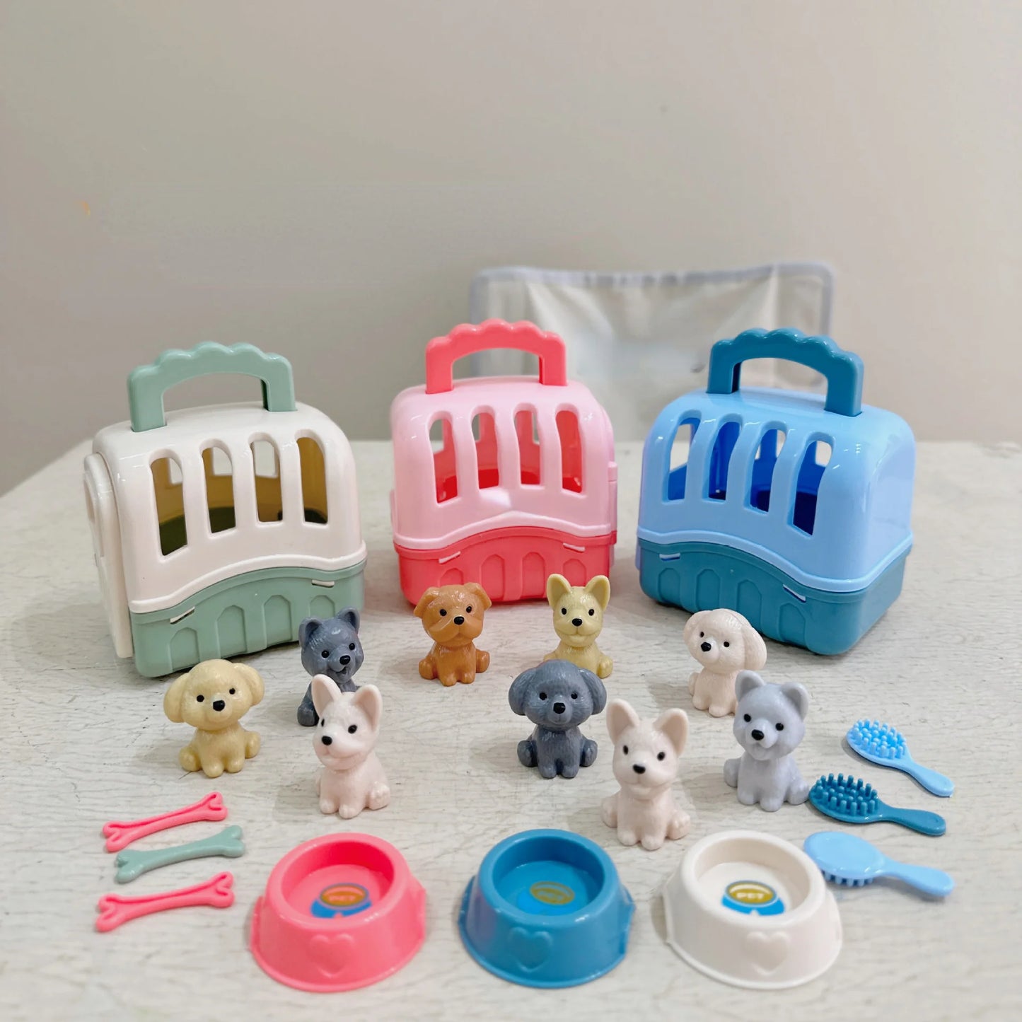 8pcs/set Cute Dog Pet Basket Family Toys Dog Doll Set Dog Cage Toys Scene Playing Toys Christmas Decoration Gifts